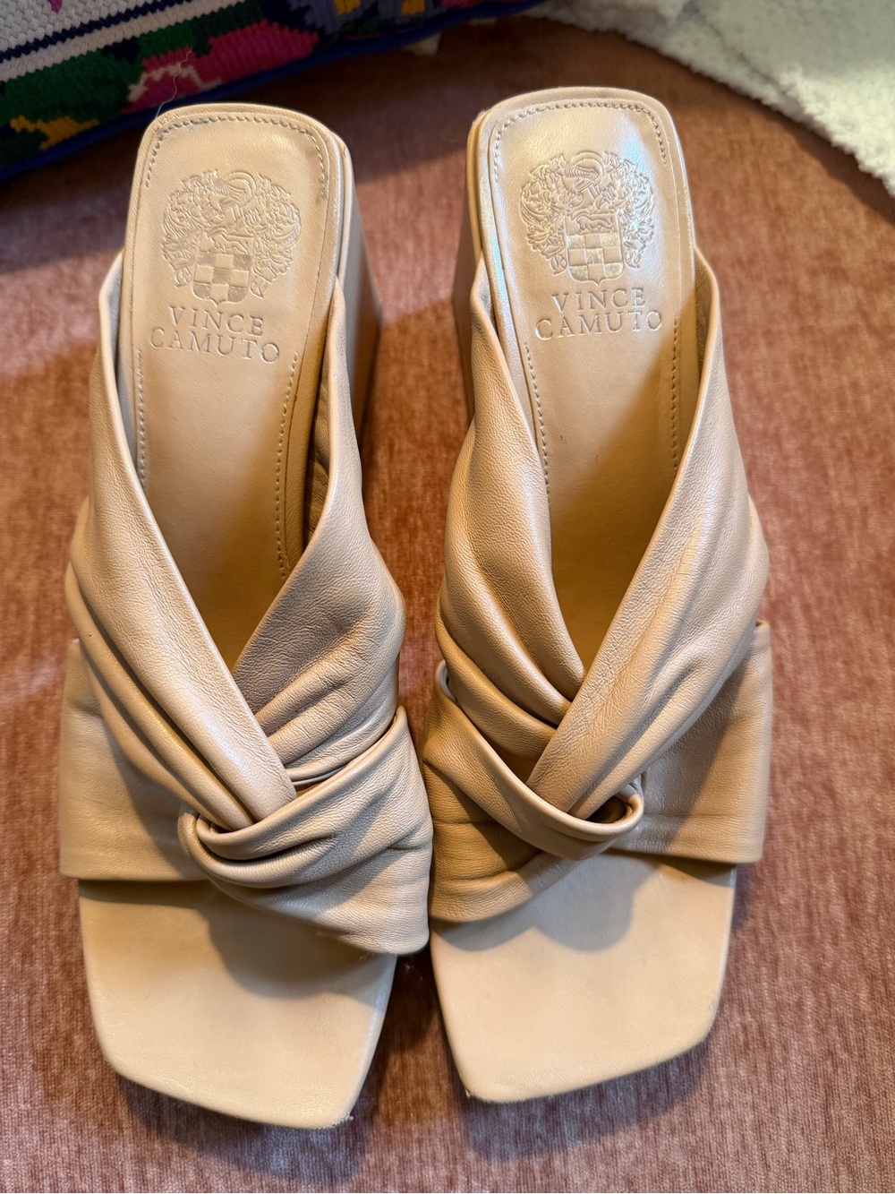Vince Camuto “Jenabie” Neutral Knotted Leather Slide Mules